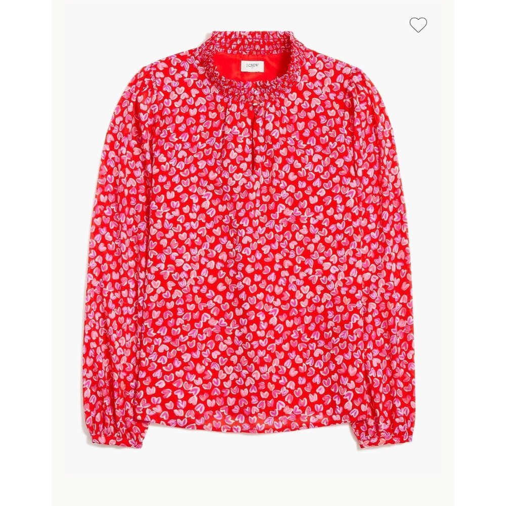 J.Crew Women’s Red Pink Heart Print Smocked Neck Feminine Blouse Size Small NWTD